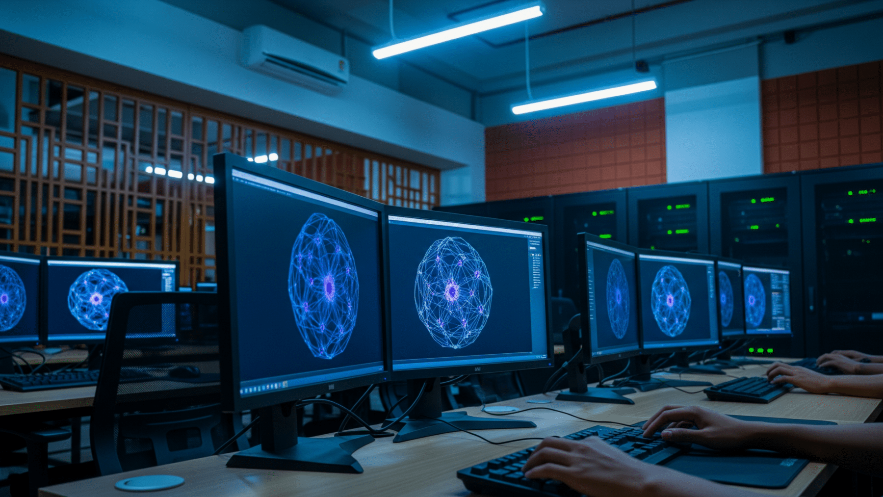Researcher working at a computer terminal inside a university AI center lab, nvidia indosat