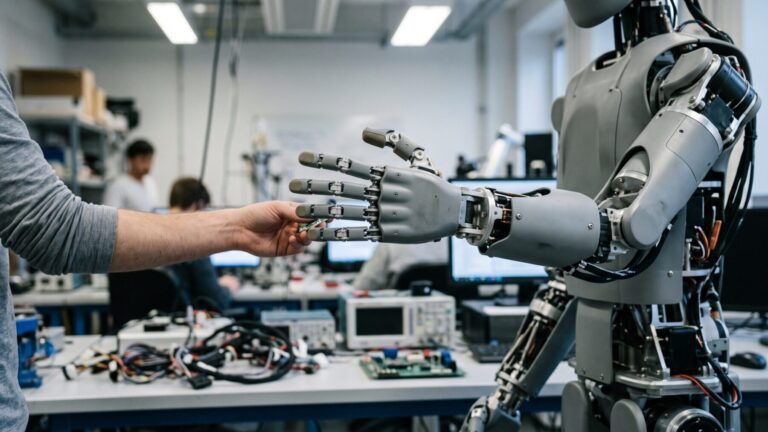 Isaac GR00T humanoid robot arm and tactile hand in a university robotics lab