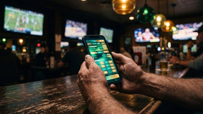 Hands holding smartphone at sports bar showing sports prediction markets screen, six americans
