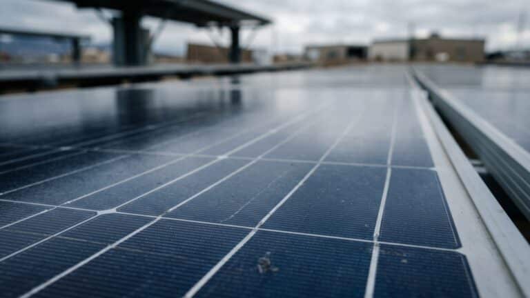 Close-up of a silicon TOPCon solar panel surface in overcast light, one us