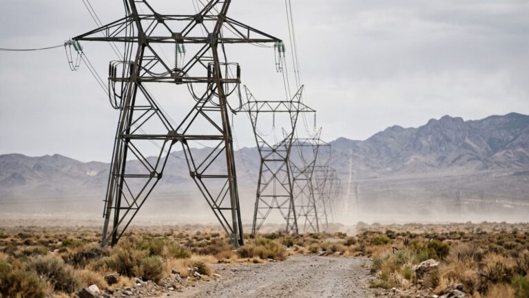 High-voltage transmission towers crossing desert terrain illustrating geothermal power grid queue delays, only 13