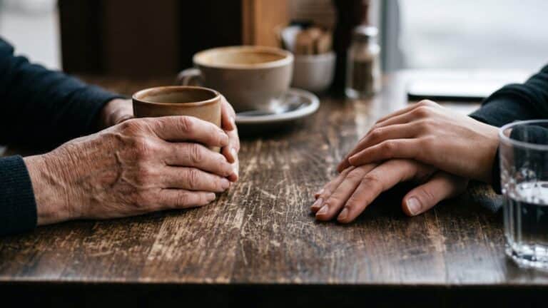 Two pairs of hands of different ages on a cafe table, illustrating intergenerational friendship, only 22