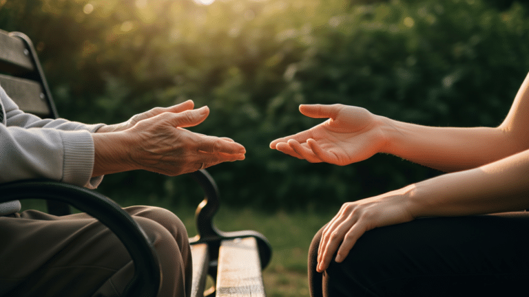 Two people of different generations sharing a conversation, illustrating intergenerational friendship, only 22