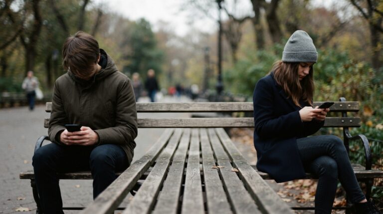 Two people on a park bench on phones, illustrating the dating recession, only 31