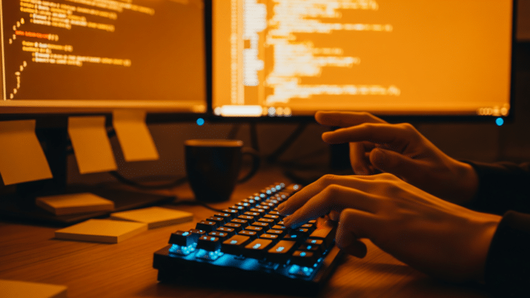 Developer hands typing code on keyboard, open source contribution