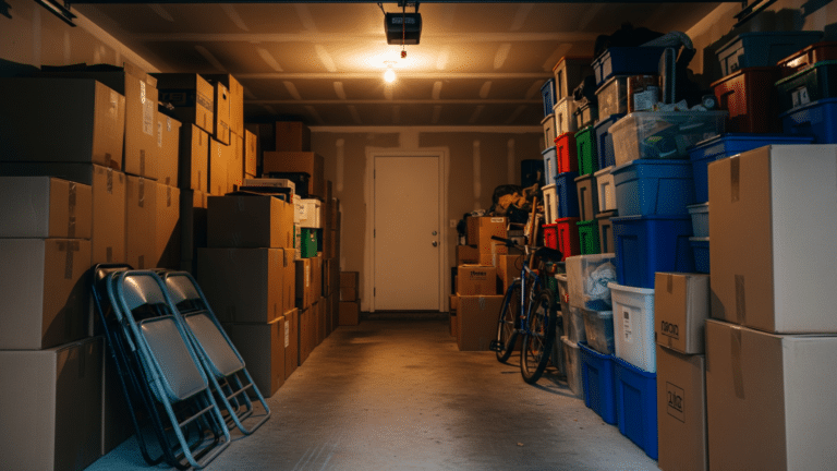 Cluttered garage filled with boxes and unused belongings, clutter hidden cost, americans surveyed