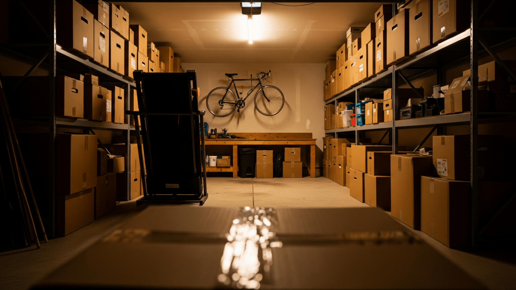 Cluttered home garage packed with boxes leaving no room for a car, packed garage