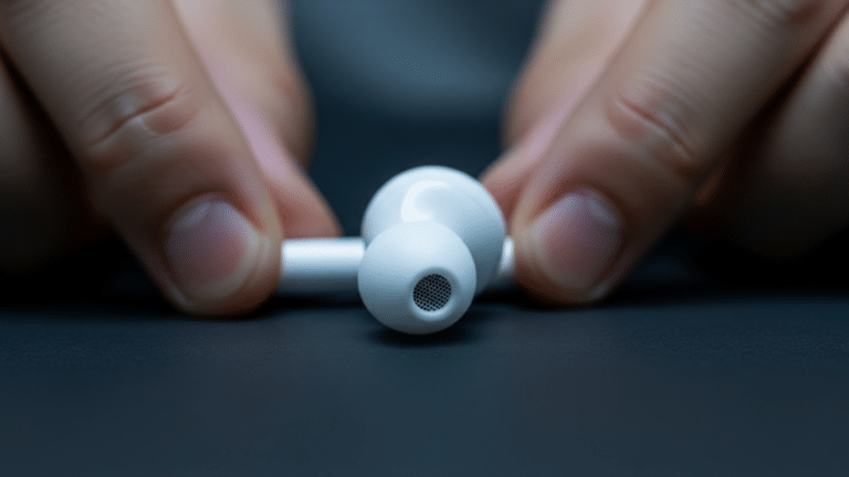 Close-up of a wireless earbud showing noise cancellation microphone grille detail, earbuds slipped