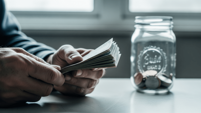 Hands sorting bills beside a handwritten budget notebook, paycheck to paycheck concept