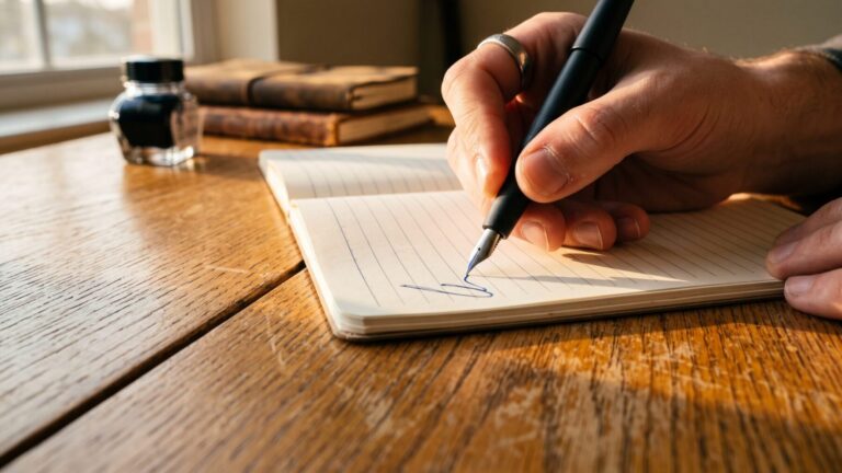 A hand writing in a notebook, illustrating handwriting neural networks research, pen moving