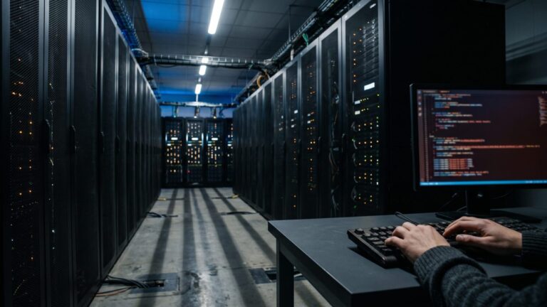 Server room with hands on keyboard illustrating phishing email costs, phishing remains