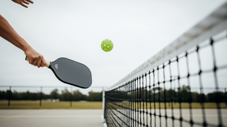 Pickleball paddle mid-swing over a net on an outdoor court
