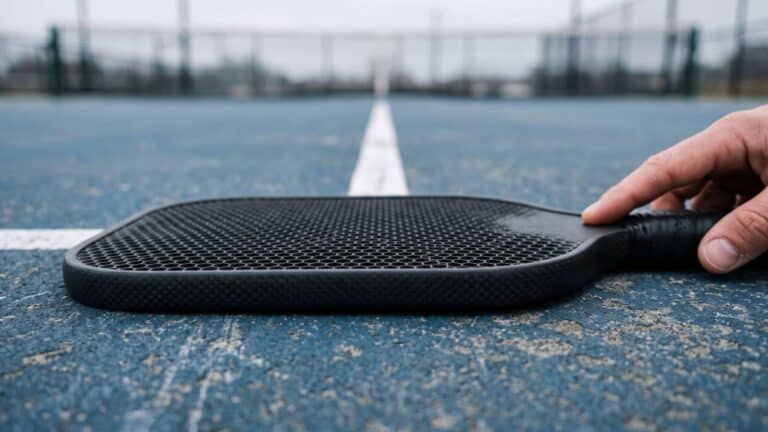Carbon fiber pickleball paddles laid on a court surface