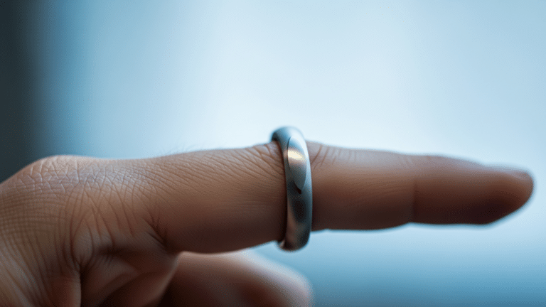 A slim smart ring balanced on a fingertip in cool indoor light, plain titanium