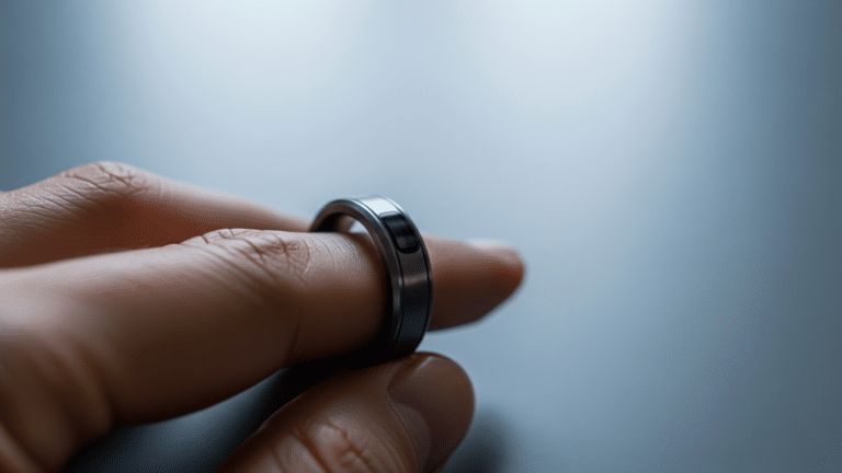 a smart ring balanced on a fingertip with sensor band visible, plain titanium