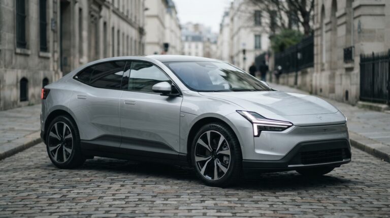 Silver 2026 Polestar 4 electric SUV on a city street