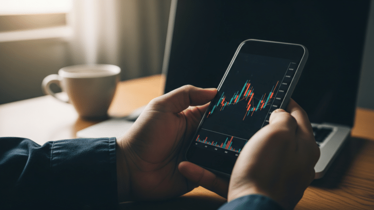 Hands holding a smartphone showing a prediction market graph