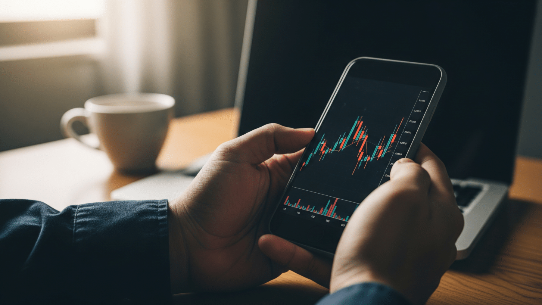 Hands holding a smartphone showing a prediction market graph