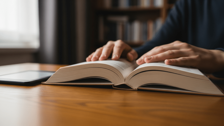 hands resting on open print book beside an e-reader on a wooden table, print books