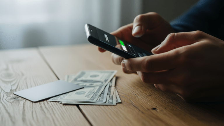 Hands holding a smartphone at a buy now pay later checkout screen, projected 116