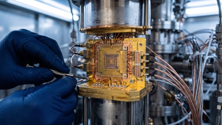 Quantum processor inside a cryogenic refrigerator illustrating quantum error correction research, quantum x