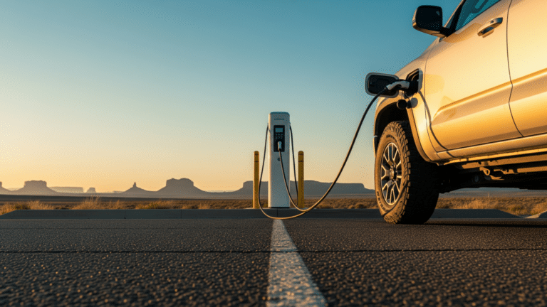 Ram 1500 REV electric pickup truck charging port open at a desert location