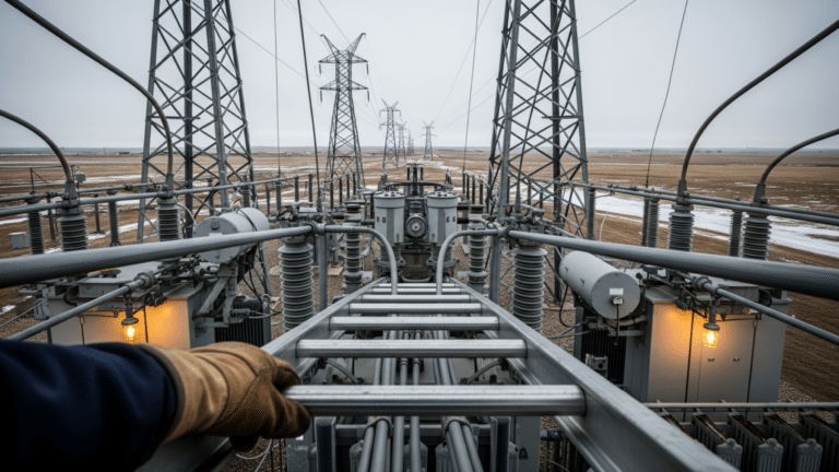Transmission towers and substation equipment in a flat North Dakota plain, rate hike