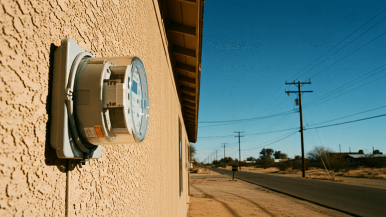 Residential electric meter on a stucco desert home with utility poles and a rate hike