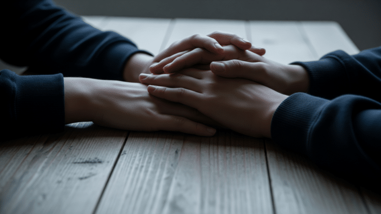 Two pairs of hands resting together on a wooden table, illustrating relationship satisfaction research