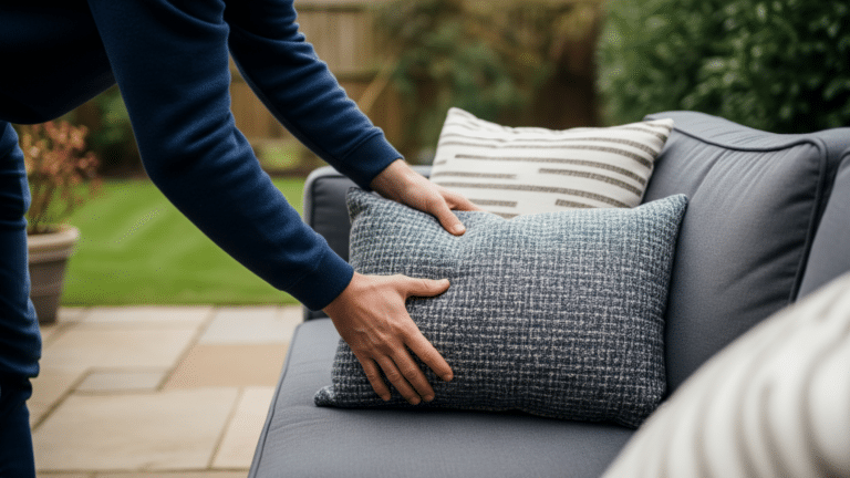 Hands arranging pillows on an outdoor sofa lounge area on a stone patio, outdoor spaces