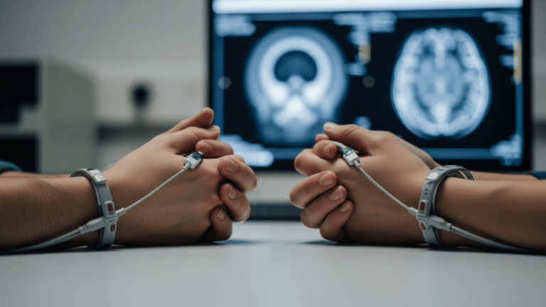 Neural similarity brain scan study showing sensor wristbands and fMRI monitor, researchers scanned