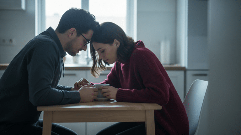 couple sitting together at kitchen table, romantic partner connection study, researchers tracked