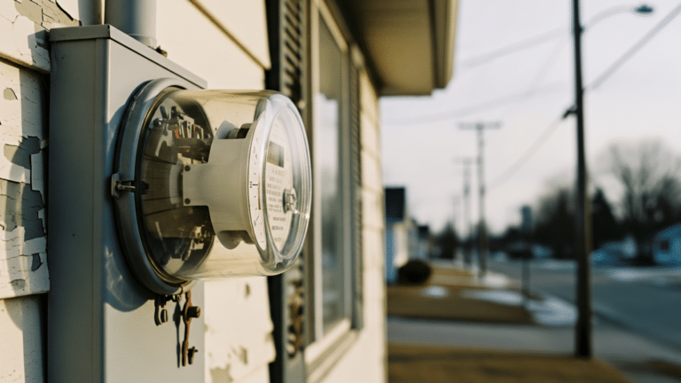 Residential electric meter on house exterior, residential electricity costs rising