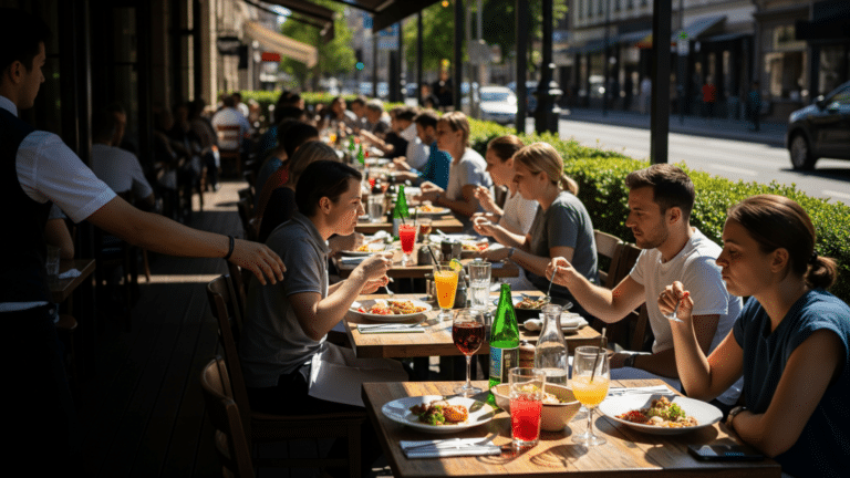 Crowded outdoor restaurant patio during summer travel dining season, restaurants beat