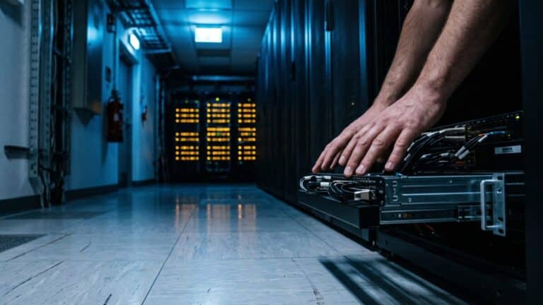 Server room corridor at night showing a data breach response scene