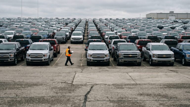 Rows of unsold trucks on a dealer lot illustrating a US sales drop