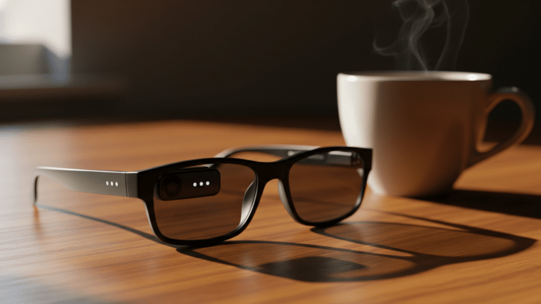 Lightweight smart glasses with camera lens and LED indicator on a polished surface, samsung reveals