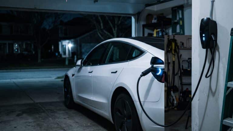 Residential EV charging cable connected to a car overnight under cool blue light, sdg e