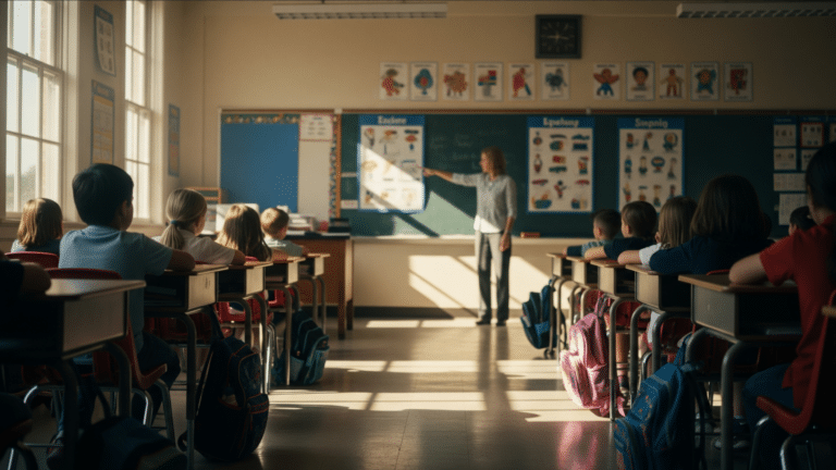 Elementary school classroom wall with foreign language charts, second language learning
