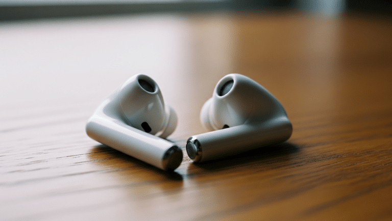 white wireless earbuds showing open ear ANC design on wooden surface, sits loosely