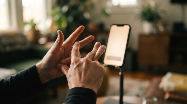Hands signing in ASL in front of a smartphone showing sign-to-text output
