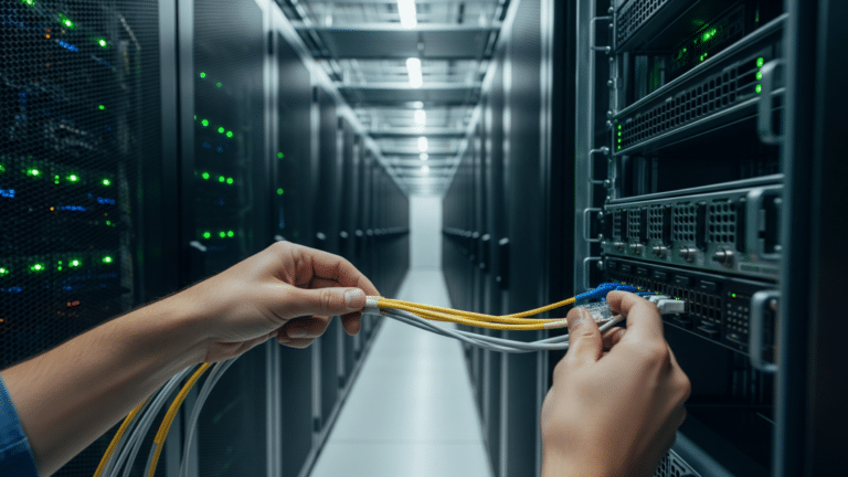 Technician connecting fiber optic cables in a large data center row, single chipmaker