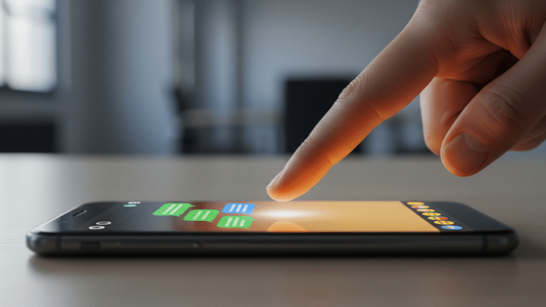 hands pausing over smartphone emoji picker in workplace setting, single emoji