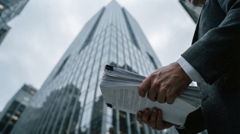 hands holding funding documents below a glass skyscraper, startup investment record, single quarter