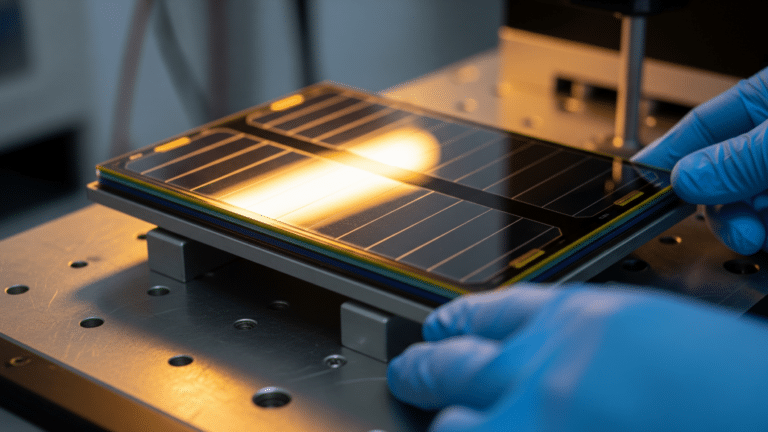 Researcher handling a tandem solar cell on a test stage in a lab, solar panel
