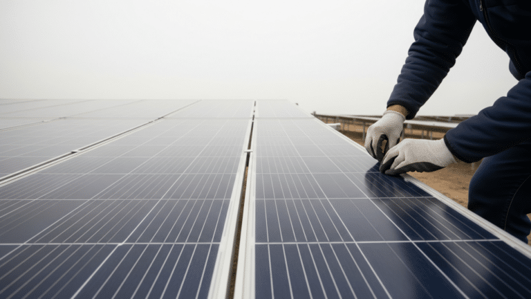 gloved hands inspecting a solar panel frame at a utility-scale solar farm, solar panels