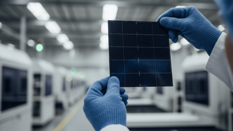 Gloved hands holding a silicon solar wafer inside a TOPCon solar cell factory, solar panels