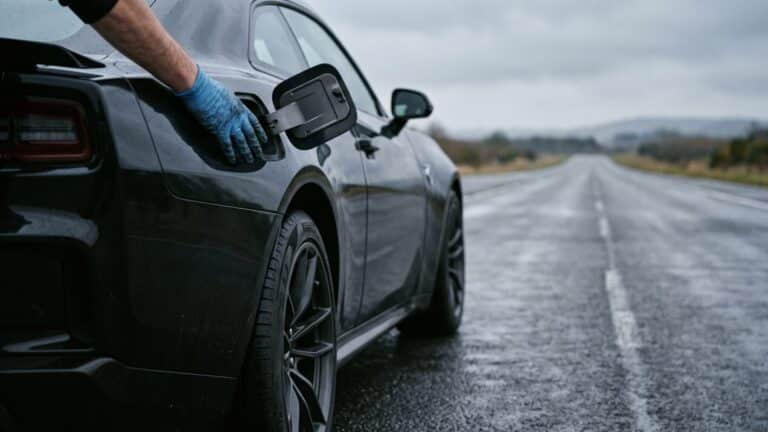 Mechanic's hand on an electric muscle car charging port, solid-state battery test