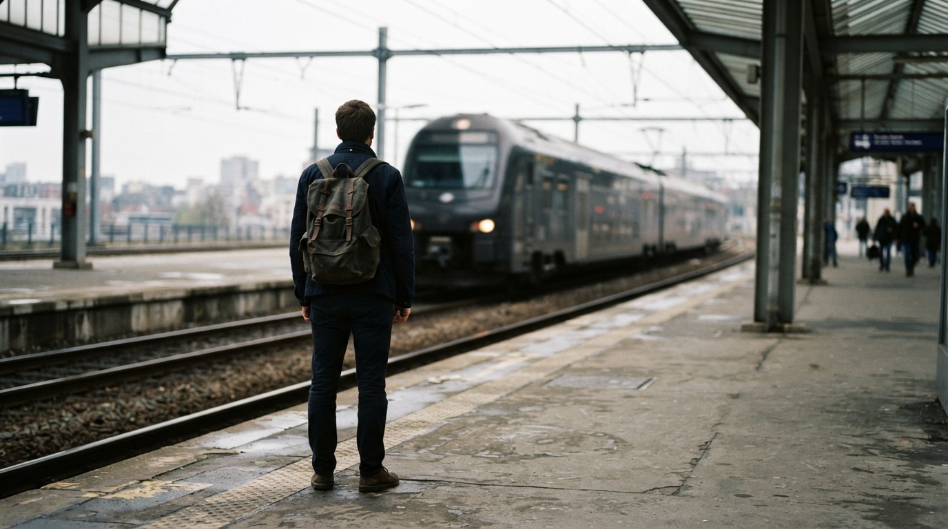 solo traveler with backpack waiting alone on a train platform