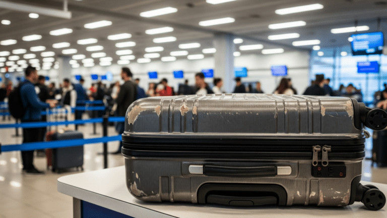 rolling suitcase at airline check-in counter, free checked bags now cost extra